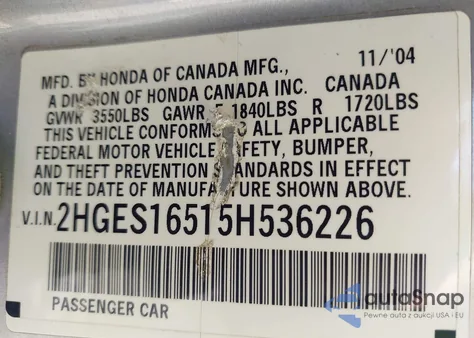 2005 Honda Civic Lx из США, поврежденный, VIN 2HGES16515H536226